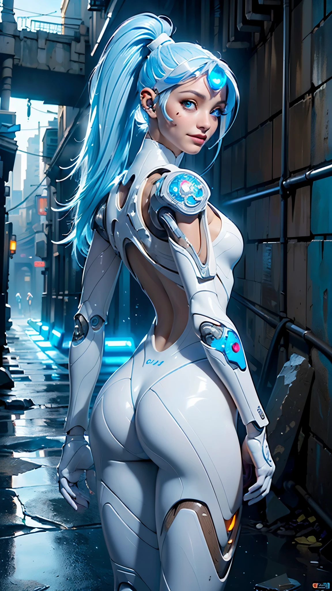 (rear view, backside view),(obra maestra:1.4), ((Mejor calidad:1.4 ),,Ariana Grande, (Organic cyborgs:1.4) , adorable smile,(white plastic:1.4) , diffuselighting, fantasy, Intricate, elegant, Highly detailed, Lifelike, Photorealistic, Digital painting, art stations, illustration, concept-art, smooth, Sharp focus, The art of John Collier and Albert Obright and Krenz Kusart and Artem Demura,body
photo, (background alley walls big stones cyberpunk :1.4), (ojos detailed azules :1.4), (perfect anatomy), {-erro_de_anatomy:1.0}, (colores brillantes)