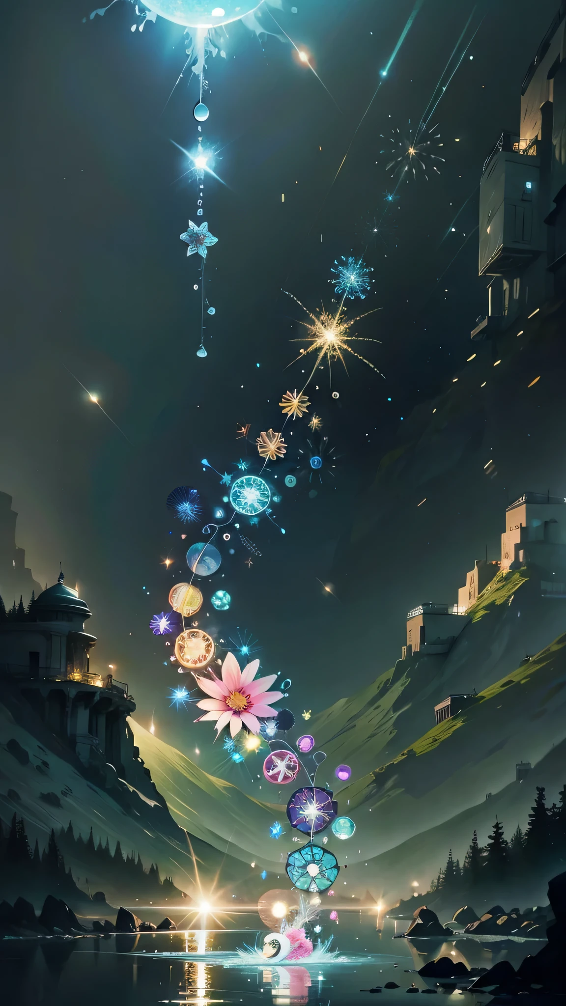  Crystal Fluorescent Flashy Flower  ,Fluorescent Fireworks  , magic, dream catcher,Twinkling Star , space, floating, Moon Moon  ,  Sparkling Diamond Dust，Night Sky，  float on the surface of the water