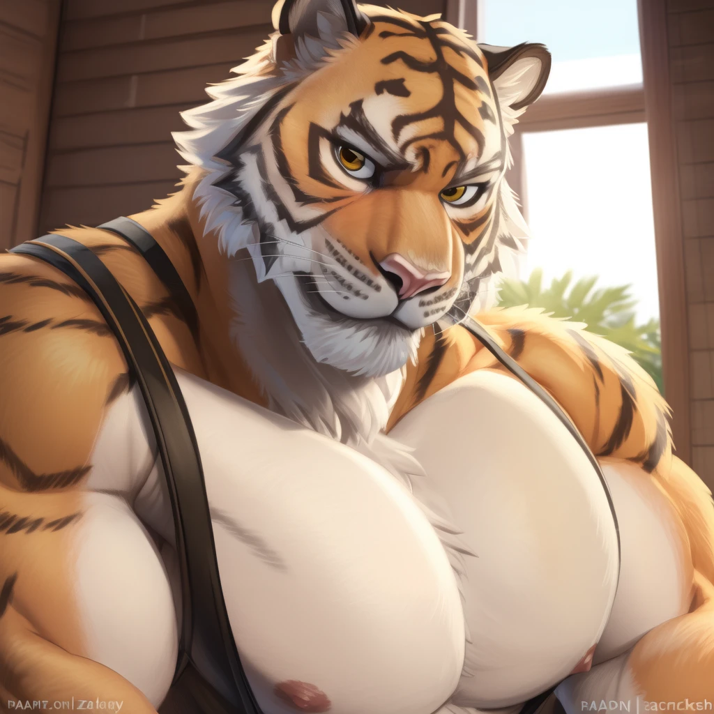 Oscar, Yellow eyes, muscle shirt, looking at the viewer, smiling, tiger tail, (pin up), clear focus, portrait, (pose sexy), (soft shaded), 4k, anything, ((detailed face, detailed)), por Zackary911, by zaush, (by personal:0.5), shirtless, Milker pectorals, strong physique, very muscular, perfect anatomy, Black Jockstrap, daddy, massive bulge