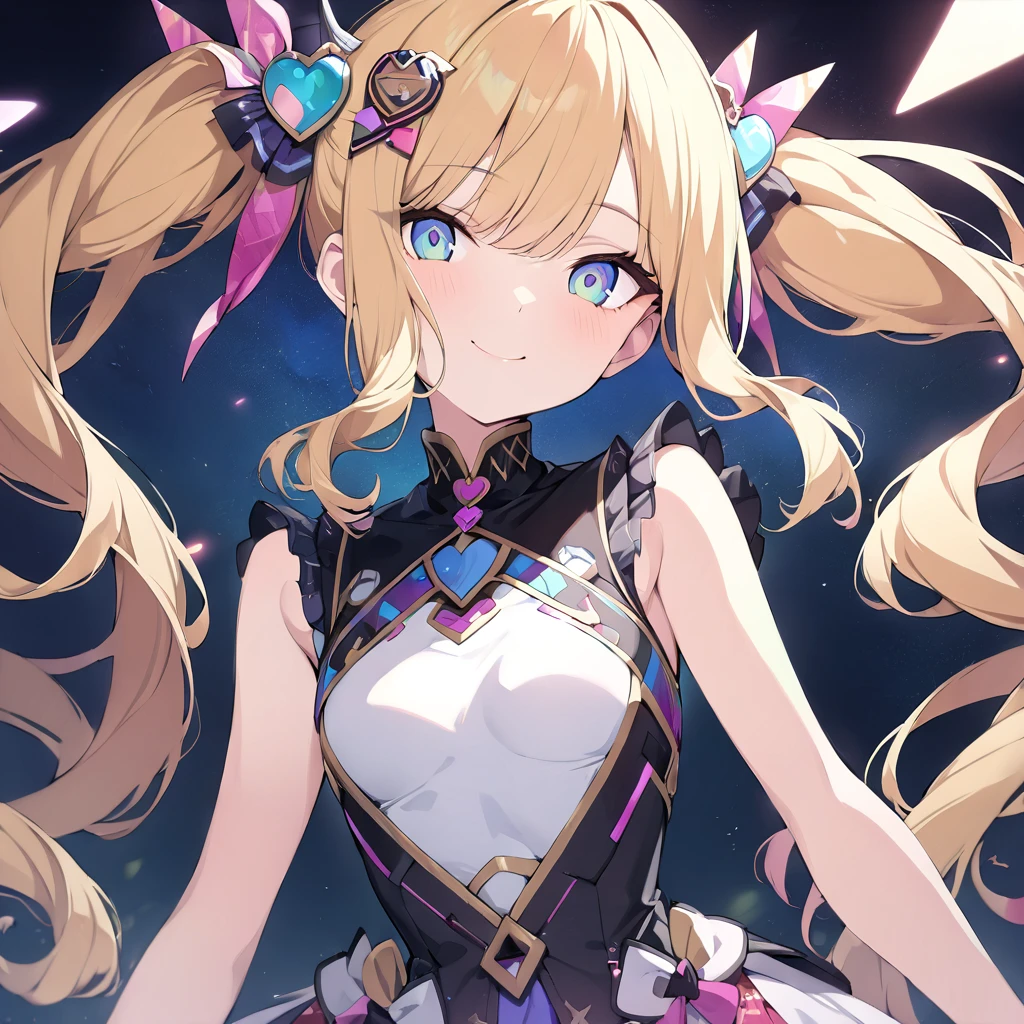 Absurd,anime,Detailed and beautiful eyes,(art),(artistic clothing:1.5),（Wizard:1.5）,HEART,sleeveless,Blonde, twin tails,smile,(a girl:1.5),from the waist up,(small breasts:1.2),(small chest:1.2),mysterious,Hello,(Large detailed hair ornament:1.2),(look away:1.5),detailed clothes,Flashy Moves,Mechanical,masterpiece, moe kawaii,abyss,luster,lame,(ultra detailed:1.2), ((highest quality)) ,Extremely Delicately Beautiful ,64k