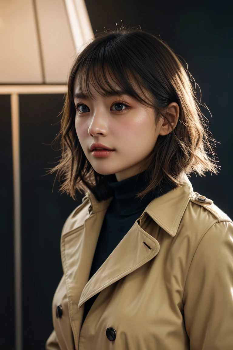 (Bob Cut Hair:1.2),(Mustard yellow turtleneck perfect for fall 、 classic look with beige trench coat:1.2), 1 girl,Japanese,21 years old,( small breasts:1.3),( best quality,masterpiece:1.3, super A high resolution ,),(Ultra-detailed,caustics),(Realistic:1.4,RAW shooting,) Ultra Realistic Capture, very detailed, High resolution 16k skin close-up 。  Natural Skin Textures 、,pores、、  detailed enough for easy identification。 Skin tone should be uniform and healthy 