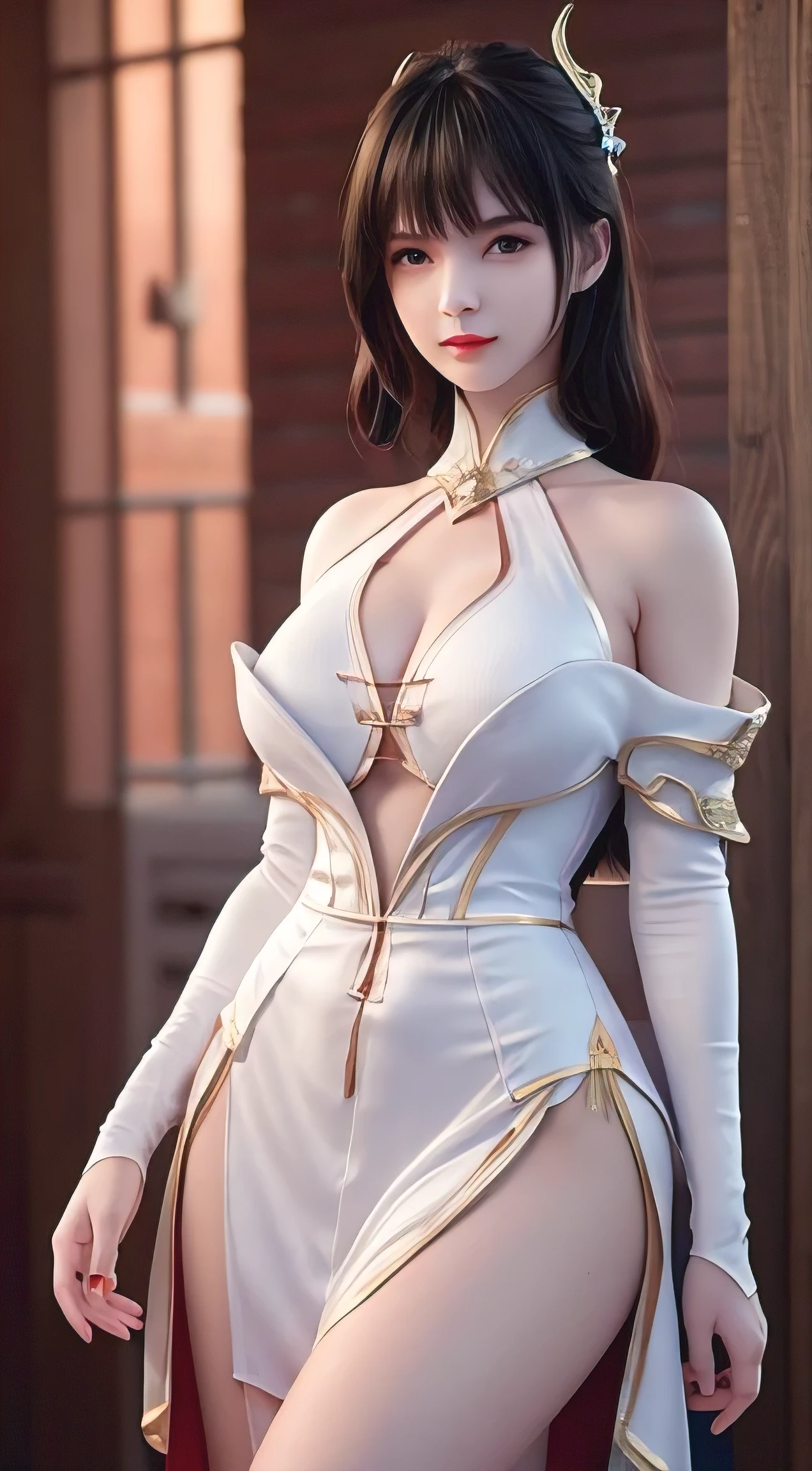 (8k, RAW photo, best quality, masterpiece:1.2),(realistic, photo-realistic:1.4), ultra-detailed, extremely detailed cg 8k wallpaper,(crystalstexture skin:1.2), (extremely delicate and beautiful),
1girl,solo,black hair, long hair, blue eyes, closed mouth, hair ornament, bare shoulders, detached sleeves,big breasts, white dress,looking at viewer, full body, beautiful legs, (((seductive))), floating in the air,
