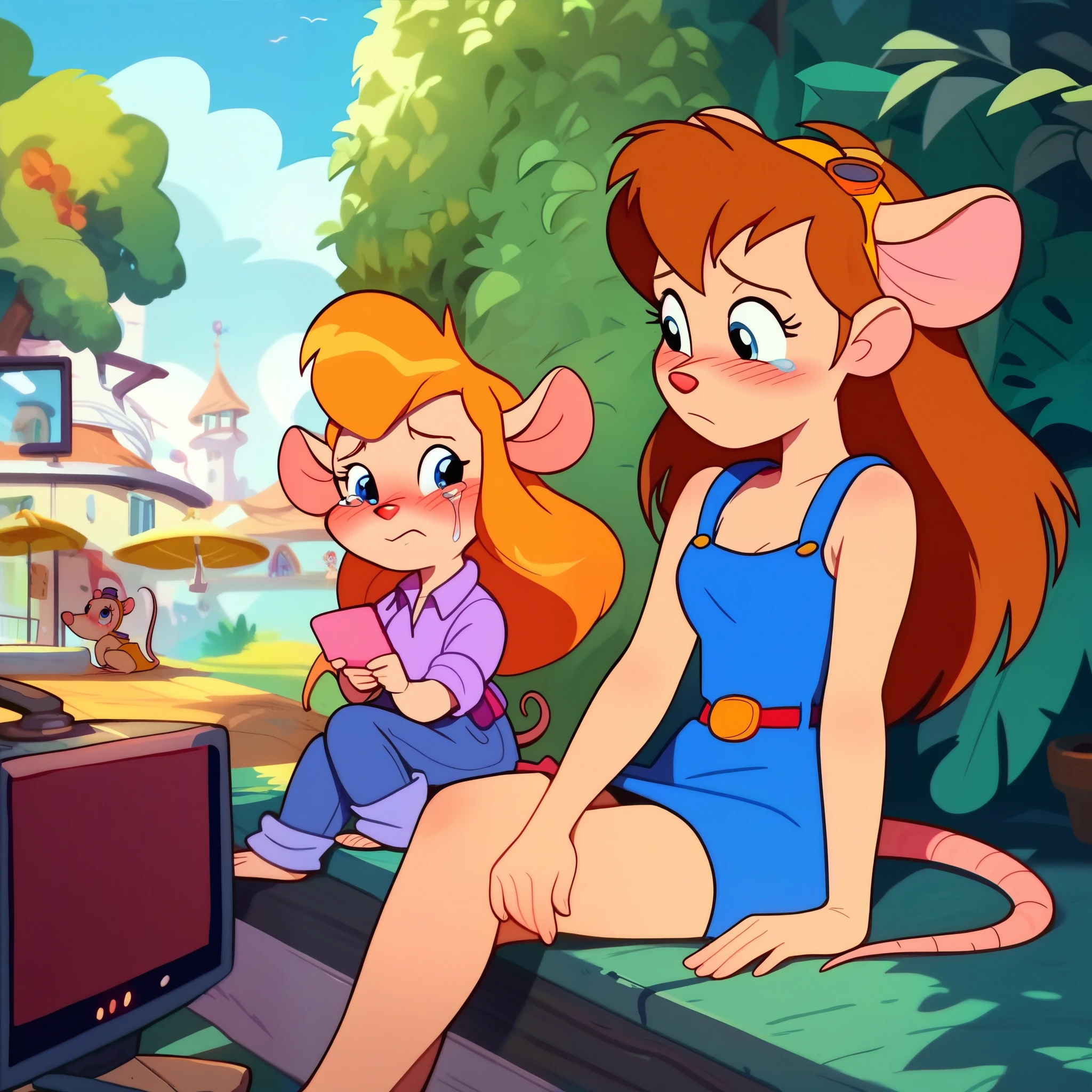 score_9, score_8, score_7, score_6, mouse tail, gadget, cartoon, score_8_up, score_7_up, , masterpiece, best quality, 2 girls, (beautiful woman), long hair, mouse tail, blush, (blushed), (shy), Gadget, Cartoon, , score_8_up, score_7_up, score_6_up, score_5_up, score_4_up, 2girs, mouse tail, Gadget, cartoon, but curvy body, tv screencap , 2girls, irl, sleeveless, sitting, looking at me, crying, Mommy Waifu and her little Dauther, size difference