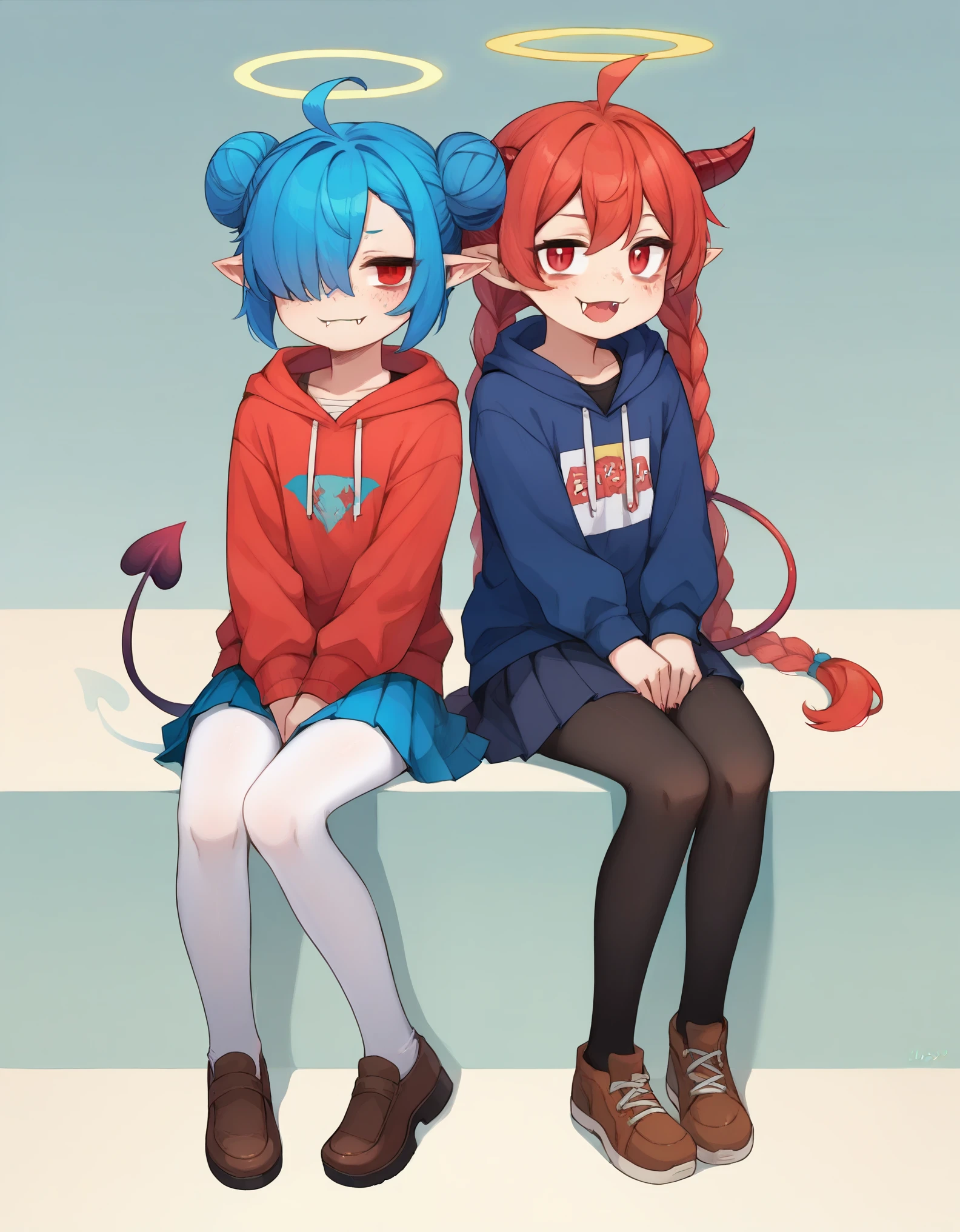zPDXL, score_9, score_8_up, score_7_up, source_anime, 2girls, multiple girls, mwk, shirt, skirt, long sleeves, sitting, jacket, full body, pleated skirt, shoes, hood, black eyes, hoodie, brown footwear, hood down, Lynn, red hair, red eyes, (bandage over one eye, hair over one eye), braided ponytail, halo, freckles, bags under eyes, jitome, ahoge, pointed ears, flat chest, knees together feet apart, black pantyhose, 
Zhuu, blue hair, red eyes, pointy ears, fangs, large fangs, red horns, demon tail, flat chest, (double bun, twintails), naughty smile, v_arms, white leggings,