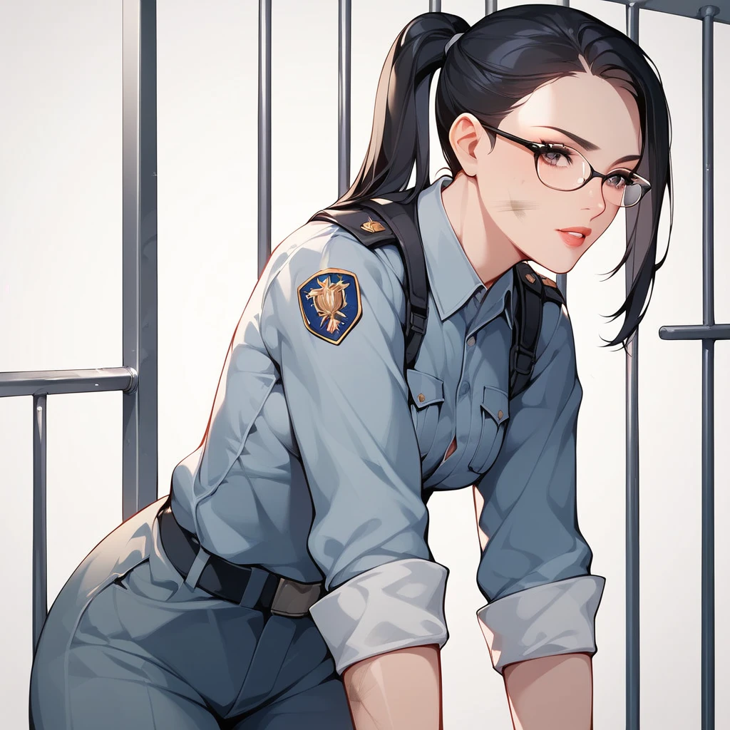 Black Hair, long hair, ponytail,Glasses,uniform,Dirty clothes, tattered clothes,prison,Surrender,defeated soldiers,Prisoner, 1 girl, 