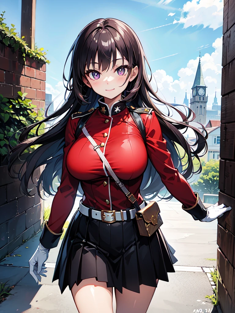 (makes an aesthetic,Master piece,Best Quality,all detailed,ultra detailed,extremely detailed CG unity 8k wallpaper,intricate details,Anime),((1girl:2,solo:2,12year old,baby face:1.8,cute girl:2,large breasts:2,curvy:1.2)),(very long hair:1.2,jet black hair:2,purple eyes:2,perfect eyes:2,bright pupils:1.2, white pupils:1.2,round eyes:1.4,anime eyes)),(white skin),((female knight:2,military uniform:1.5, red jacket, strap between breasts, white gloves, belt, pleated skirt, black skirt,fantasy world,in the noon,castle)),fine,smiling,standing