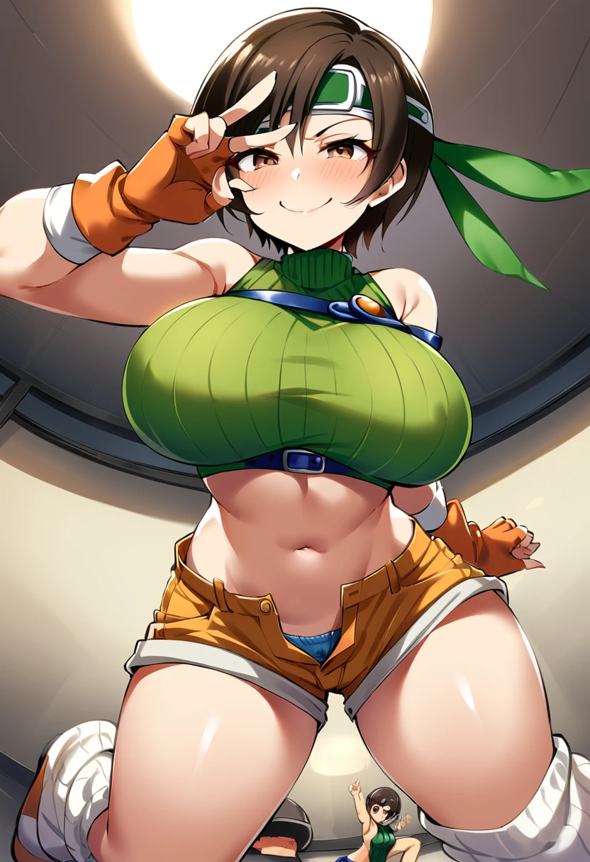 score_9, score_8_up, score_7_up,,BREAK ,,(Standing pose),1girl, 1boy, yuffie kisaragi, final fantasy, short hair,headband,navel,sleeveless,turtleneck,brown eyes,sleeveless turtleneck,solo, huge breasts,smile,gloves,crop top,brown hair,shorts,midriff,loose socks,sweater,open fly,armor,fingerless gloves,ribbed sweater,smile,smug,best quality,aesthetic,very aesthetic,masterpiece,high-resolution, v-over eye,selfie, fisheye lens, facesitting, sitting on face