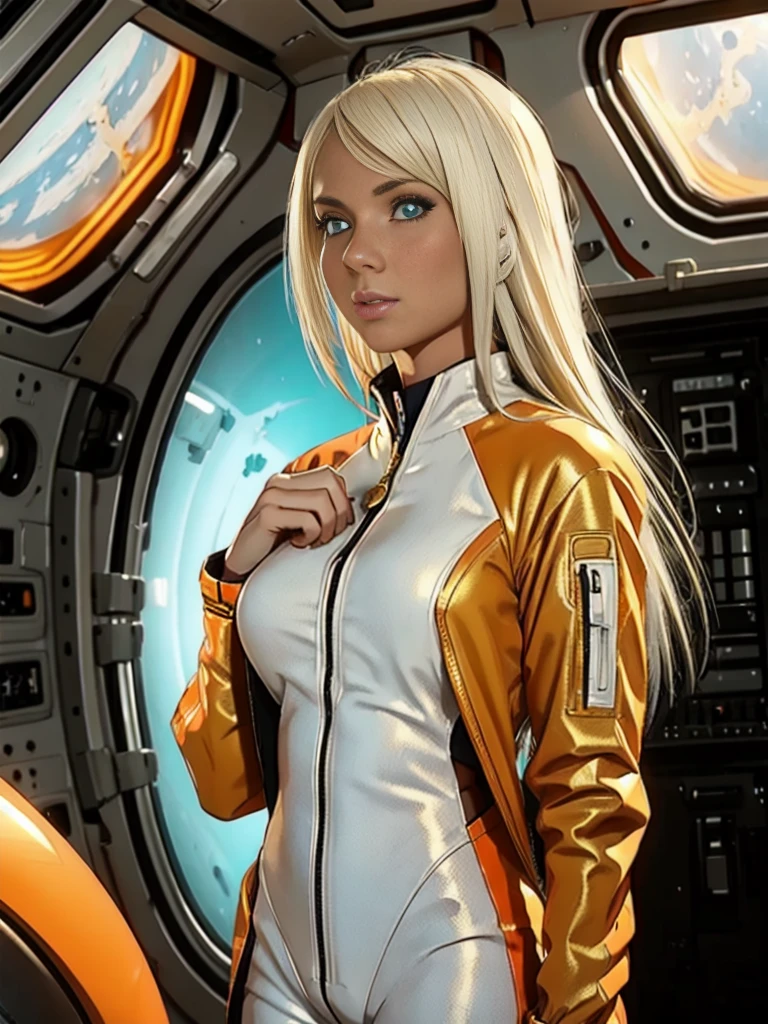 Woman with floating hair, golden white hair, highly detailed eyes, orange spacesuit, upper body, inside a space ship, ultra realistic, looking through window toward space