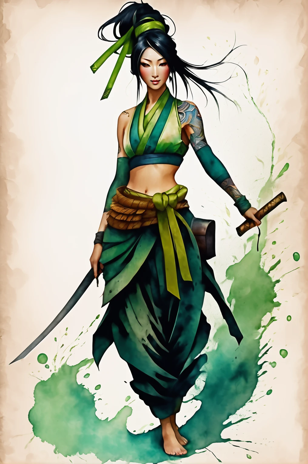 Akali ,a beautiful kunoichi, porcelain skin, beautiful face green mouth mask, yellow eyes, long black hair, swept bangs, green ribbon, hair ribbon, long ponytail, arm tattoo, tattoo, medium breasts, bare shoulders, green crop top,, Harrison Fisher and Catrin Welz-Stein art style, vivid colors, highly detailed, full body portrait, cinematic lighting, dramatic pose, elegant, graceful, regal, intricate details, masterpiece, photorealistic, 8k, best quality,score_9, score_8_up, score_7_up, score_6_up, score_5_up, score_4_up,