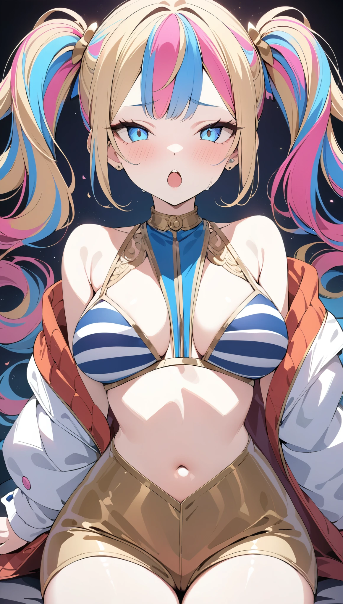 (((Best quality, 8k, Masterpiece: 1.3)), ((best quality)), ((masterpiece)), (detailed), perfect face, perfect body, Stylish, fashionable, psychedelic, colorful outfits, Striped hair (gold and blue), long Pigtails, Laugh with her mouth wide open