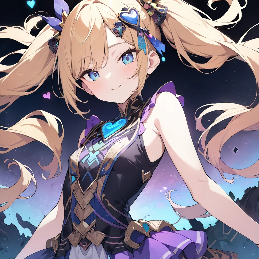 Absurd,anime,Detailed and beautiful eyes,(art),(artistic clothing:1.5),（Wizard:1.5）,HEART,sleeveless,Blonde, twin tails,smile,(a girl:1.5),from the waist up,(small breasts:1.2),(small chest:1.2),mysterious,Hello,(Large detailed hair ornament:1.2),(look away:1.5),detailed clothes,Flashy Moves,Mechanical,masterpiece, moe kawaii,abyss,luster,lame,(ultra detailed:1.2), ((highest quality)) ,Extremely Delicately Beautiful ,64k