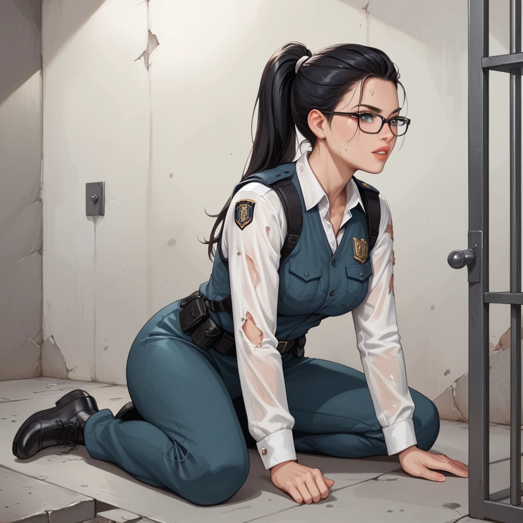 Black Hair, long hair, ponytail,Glasses,uniform,Dirty clothes, tattered clothes,prison,Surrender,defeated soldiers,Prisoner, 1 girl, 