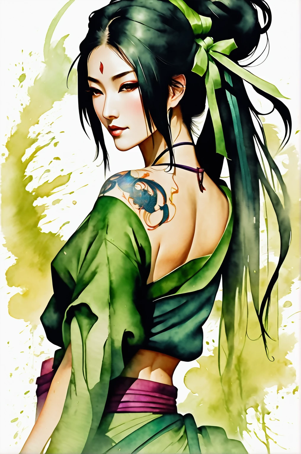 Akali ,a beautiful kunoichi, porcelain skin, beautiful face green mouth mask, yellow eyes, long black hair, swept bangs, green ribbon, hair ribbon, long ponytail, arm tattoo, tattoo, medium breasts, bare shoulders, green crop top,, Harrison Fisher and Catrin Welz-Stein art style, vivid colors, highly detailed, full body portrait, cinematic lighting, dramatic pose, elegant, graceful, regal, intricate details, masterpiece, photorealistic, 8k, best quality,score_9, score_8_up, score_7_up, score_6_up, score_5_up, score_4_up,