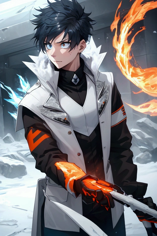  a young man with a thin body and an average height .  His eyes have heterochromia , sendo um castanho escuro e outro gray. Your hair has three colors: White, red and black,  it is short and shaved on the sides .  His hero costume is a combination of deep blue , gray, orange and black,  evoking the image of ice and intense cold . in the chest,  a stylized symbol of a snowflake and fire .  Particles of ice and orange fire seem to float around.
