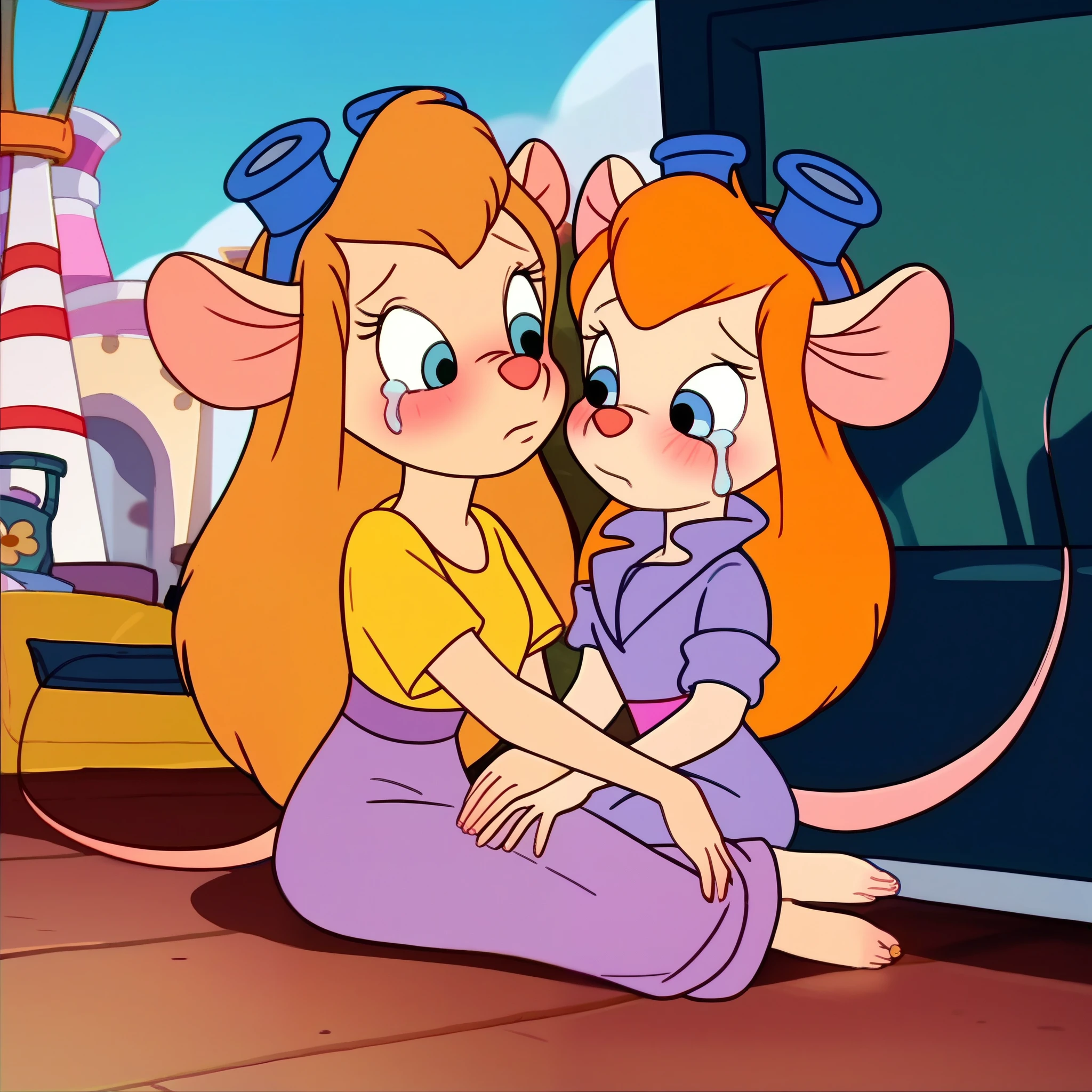 score_9, score_8, score_7, score_6, mouse tail, gadget, cartoon, score_8_up, score_7_up, , masterpiece, best quality, 2 girls, (beautiful woman), long hair, mouse tail, blush, (blushed), (shy), Gadget, Cartoon, , score_8_up, score_7_up, score_6_up, score_5_up, score_4_up, 2girs, mouse tail, Gadget, cartoon, but curvy body, tv screencap , 2girls, irl, sleeveless, sitting, looking at me, crying, Mommy Waifu and her little Dauther, size difference