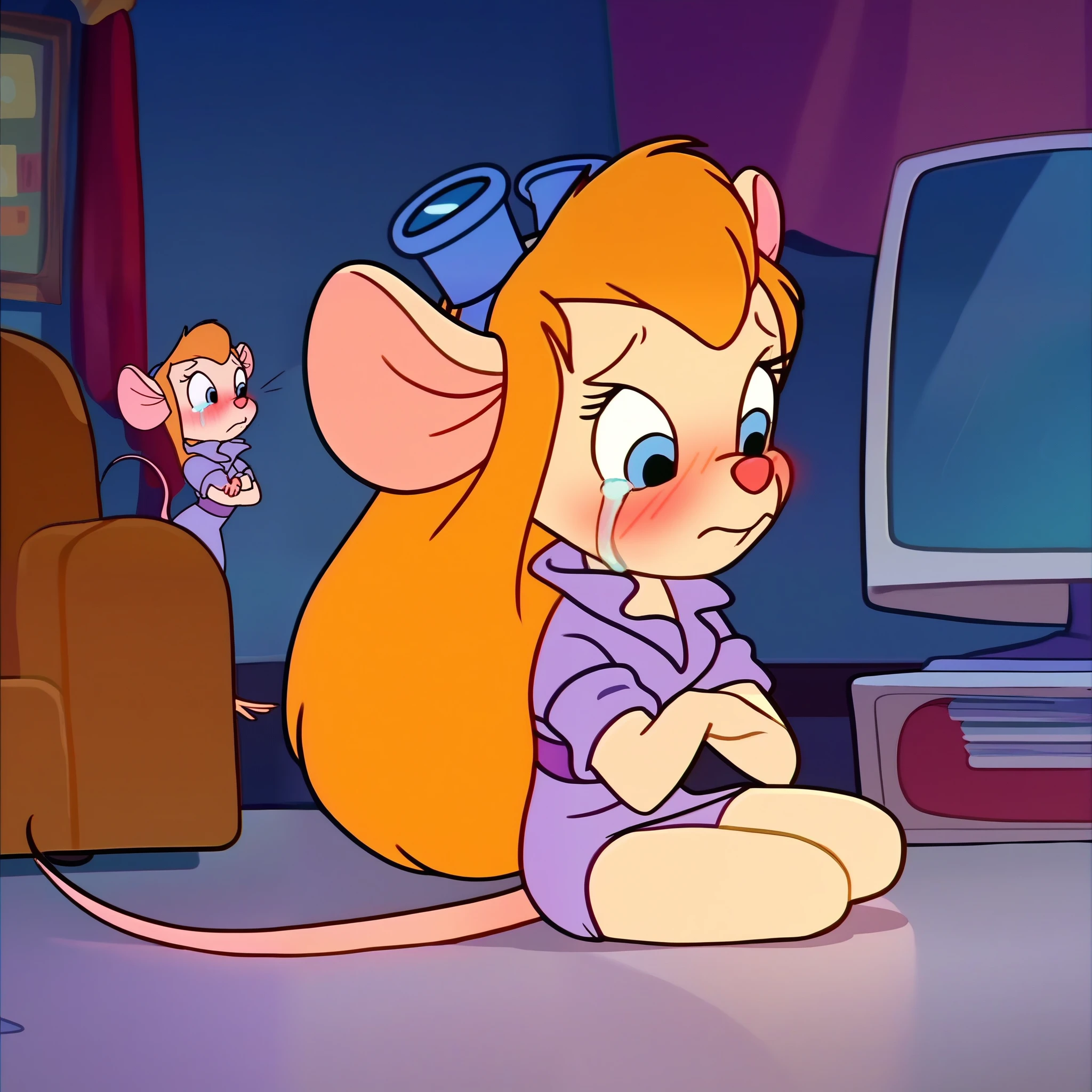 score_9, score_8, score_7, score_6, mouse tail, gadget, cartoon, score_8_up, score_7_up, , masterpiece, best quality, 2 girls, (beautiful woman), long hair, mouse tail, blush, (blushed), (shy), Gadget, Cartoon, , score_8_up, score_7_up, score_6_up, score_5_up, score_4_up, 2girs, mouse tail, Gadget, cartoon, but curvy body, tv screencap , 2girls, irl, sleeveless, sitting, looking at me, crying, Mommy Waifu and her little Dauther, size difference