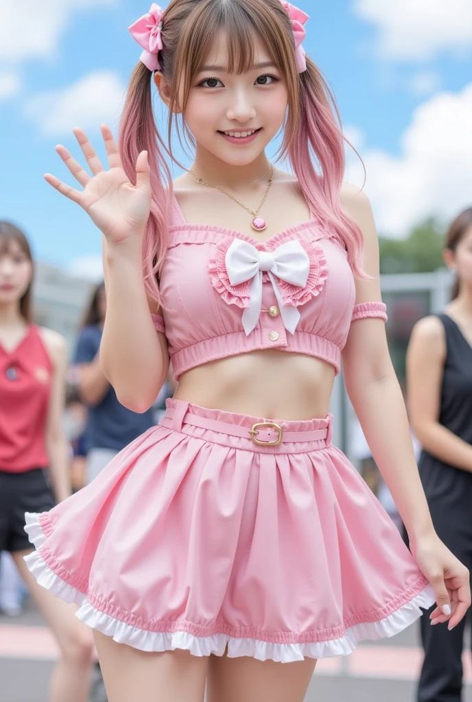 1girl,gal,(golden,pink hair,two-tone hair),long hair,twintails,Pink bow,Idol Girl,smile,on the stage,detailed background, idol concert, frilled miniskirt, idol costumes, waving at viewers, bare shoulders, ribbons, hair ornament,Honeycomb Belt,sexy women,healthy shaped body,artistic photography,outdoor,Realistic photo,stage