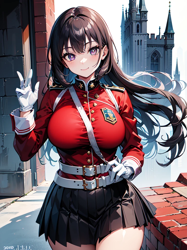 (makes an aesthetic,Master piece,Best Quality,all detailed,ultra detailed,extremely detailed CG unity 8k wallpaper,intricate details,watercolor),((1girl:2,solo:2,12year old,baby face:1.8,cute girl:2,large breasts:2,curvy:1.2)),(very long hair:1.2,jet black hair:2,purple eyes:2,perfect eyes:2,bright pupils:1.2, white pupils:1.2,round eyes:1.6,anime eyes)),(white skin),((female knight:2,military uniform:1.5, red jacket, strap between breasts, white gloves, belt, pleated skirt, black skirt,fantasy world,in the noon,castle)),fine,smiling,standing