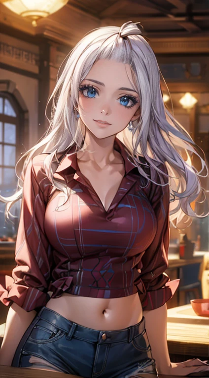 (masterpiece: 1.2), (best quality: 1.2) 1 female, Mature, High target (1.85), Looks about 30 years old, Has long white hair (platinum), Straight Hair，Curly hair, Sapphire blue eyes, Extremely detailed eyes, Perfect eyes, Extremely realistic eyes, Beautiful eye lines, Long eyelashes, Anime style, Perfect face, Mature face, Full lips, Smile, Mature, White skin, Natural body, Sexy body, Body , Perfect hands, Detailed hands, 双手与Body比例匀称, Realistic hands, Arms with good anatomy, She was wearing only a long-sleeved navy blue top in a European style, The shirt still can&#39;t cover her big breasts that are sagging because of their size, White skirt with side thigh slits, Thick thighs, Wide hips, High heel, Looking at the audience, A castle decorated with gold in the background, Gold coins on the floor, Treasures are scattered everywhere, Posing alone, Looking at the audience