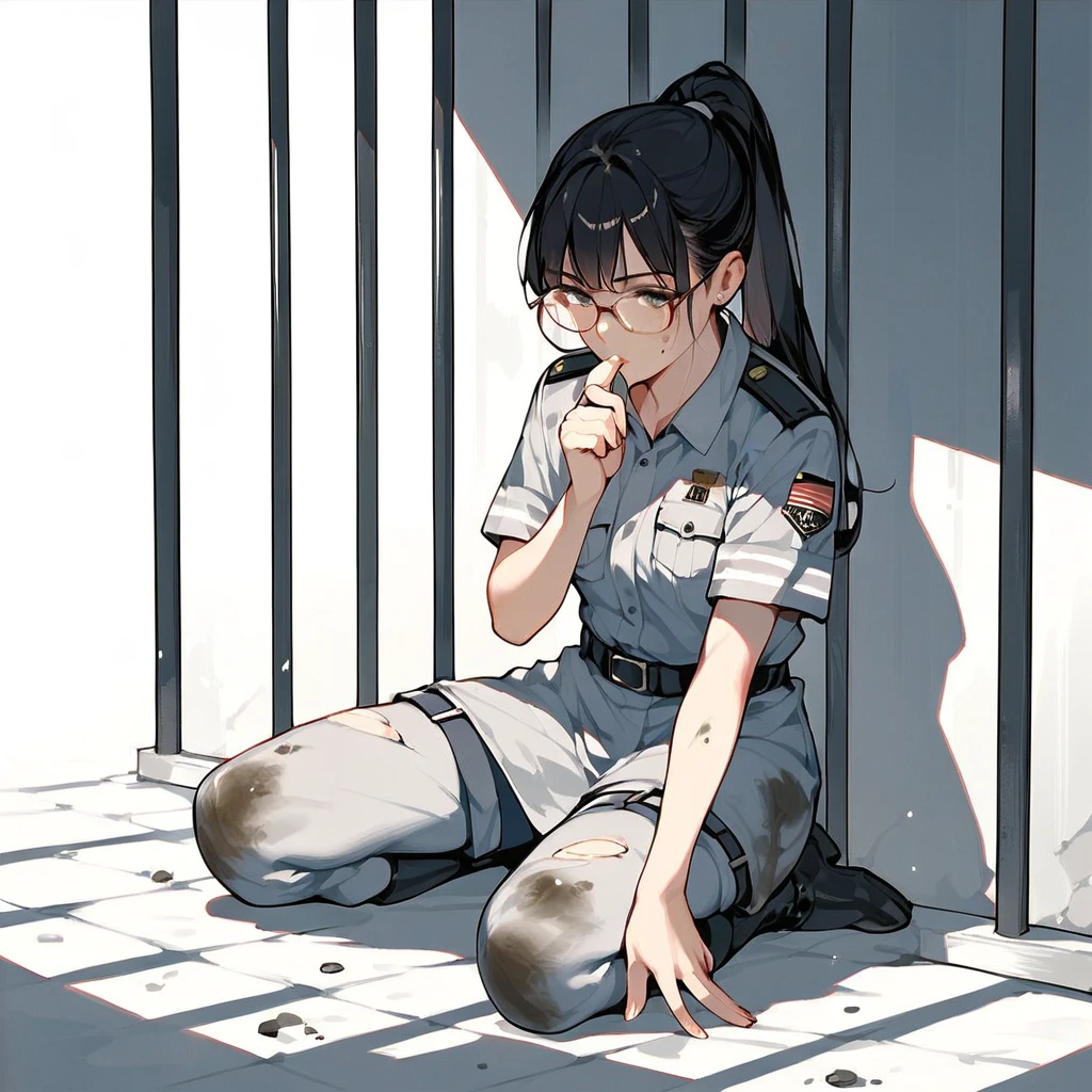 Black Hair, long hair, ponytail,Glasses,uniform,Dirty clothes, tattered clothes,prison,Surrender,defeated soldiers,Prisoner, 1 girl, 