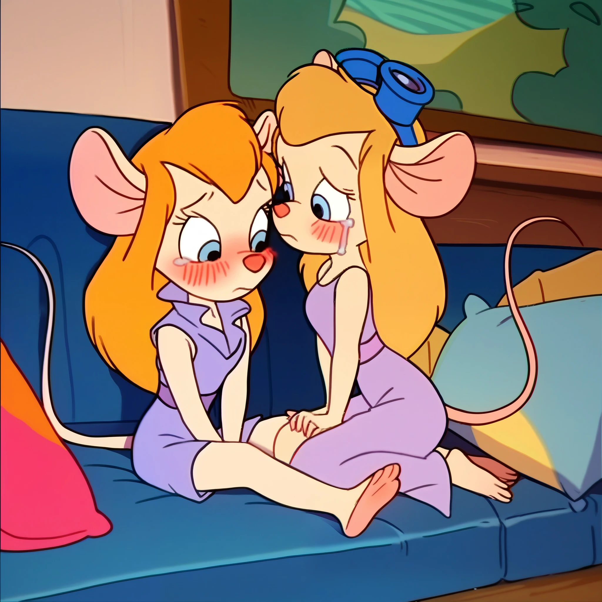 score_9, score_8, score_7, score_6, mouse tail, gadget, cartoon, score_8_up, score_7_up, , masterpiece, best quality, 2 girls, (beautiful woman), long hair, mouse tail, blush, (blushed), (shy), Gadget, Cartoon, , score_8_up, score_7_up, score_6_up, score_5_up, score_4_up, 2girs, mouse tail, Gadget, cartoon, but curvy body, tv screencap , 2girls, irl, sleeveless, sitting, looking at me, crying, Mommy Waifu and her little Dauther, size difference