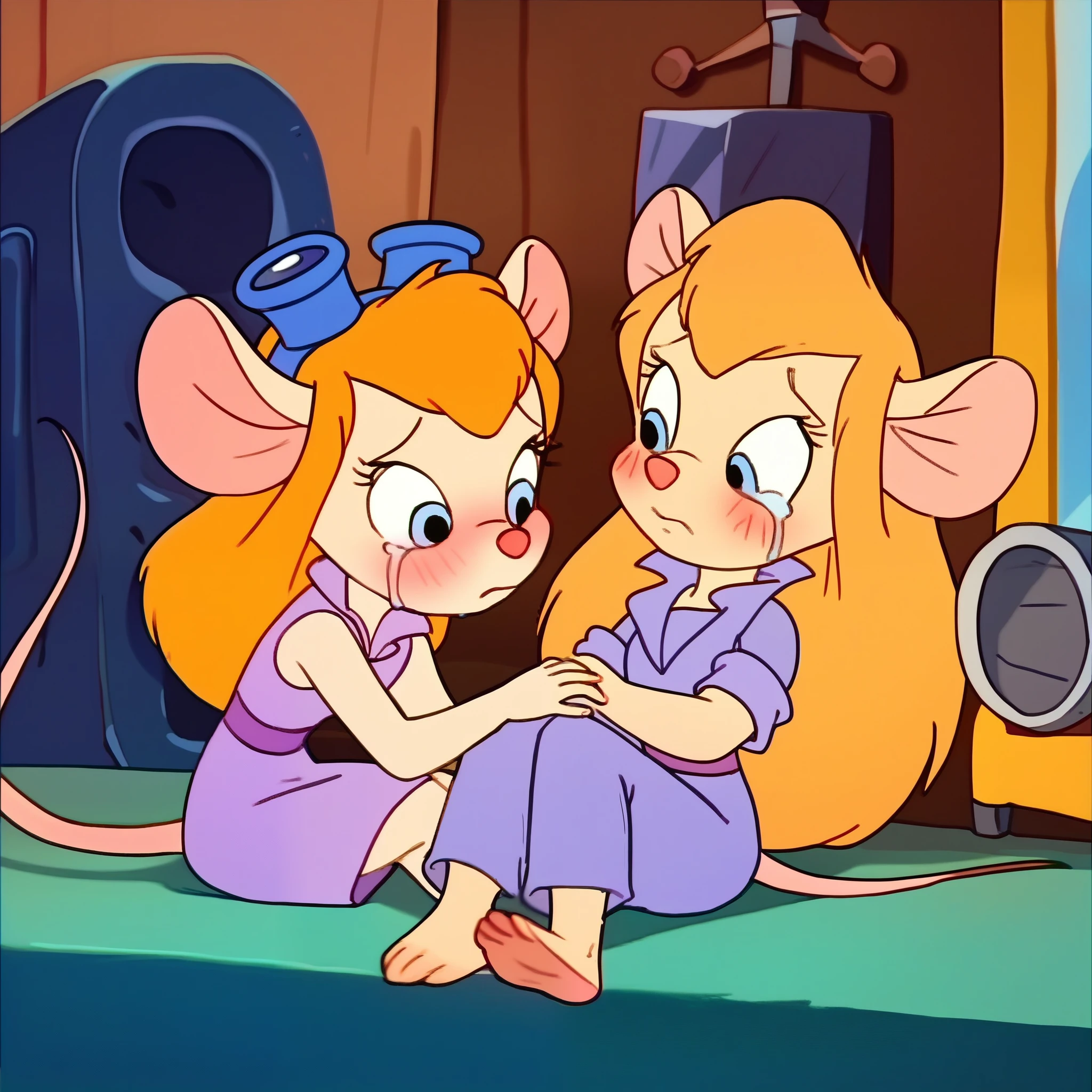 score_9, score_8, score_7, score_6, mouse tail, gadget, cartoon, score_8_up, score_7_up, , masterpiece, best quality, 2 girls, (beautiful woman), long hair, mouse tail, blush, (blushed), (shy), Gadget, Cartoon, , score_8_up, score_7_up, score_6_up, score_5_up, score_4_up, 2girs, mouse tail, Gadget, cartoon, but curvy body, tv screencap , 2girls, irl, sleeveless, sitting, looking at me, crying, Mommy Waifu and her little Dauther, size difference