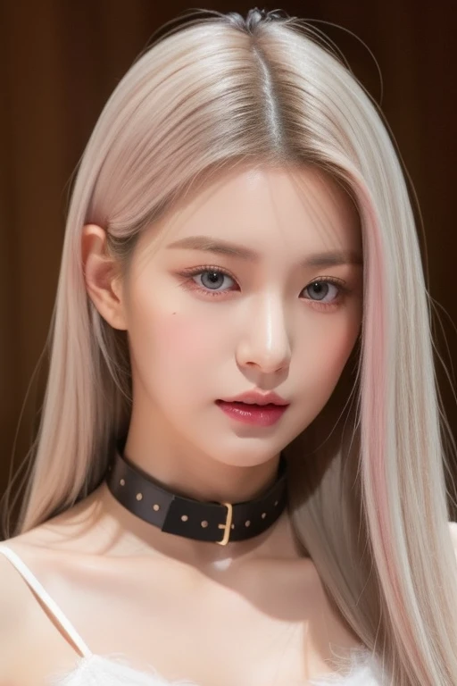 perfect figure beautiful woman：1.4，Layered Hair Style，Protruding cleavage，Pink two-dimensional clothing top：1.5，Highly Detailed Face and Skin Textur，double eyelid，Whiten the skin，long whitr hair，playing water，Collar and golden, pink lilac eyes, bambi eyes, white hair, hairs white