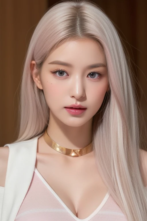 perfect figure beautiful woman：1.4，Layered Hair Style，Protruding cleavage，Pink two-dimensional clothing top：1.5，Highly Detailed Face and Skin Textur，double eyelid，Whiten the skin，long whitr hair，playing water，Collar and golden, pink lilac eyes, bambi eyes, white hair, hairs white