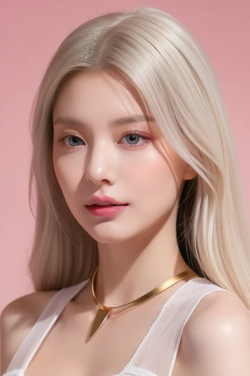 perfect figure beautiful woman：1.4，Layered Hair Style，Protruding cleavage，Pink two-dimensional clothing top：1.5，Highly Detailed Face and Skin Textur，double eyelid，Whiten the skin，long whitr hair，playing water，Collar and golden, pink lilac eyes, bambi eyes, white hair, hairs white