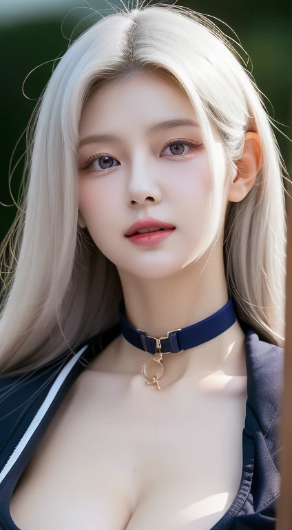 perfect figure beautiful woman：1.4，Layered Hair Style，Protruding cleavage，top two-dimensional clothing：1.5，Highly Detailed Face and Skin Textur，double eyelid，Whiten the skin，white long hair，playing water，Collar and golden, purple lilac eyes, bambi eyes, white hair