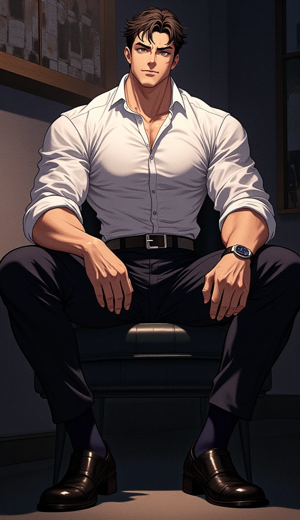 An intricate anime-style illustration of a sexy, young man in his 30s with a tall, strong physique and a refined, elegant appearance. He is dressed in a crisp, white shirt, neatly tucked into dark pants with a stylish belt, and complemented by black socks and polished leather shoes. The man has a slightly mischievous, confident smile, with subtle beads of sweat glistening on his skin, adding a sense of intensity and allure. His hair appears slightly tousled, and his shirt clings to his muscular frame, showing hints of dampness from the sweat, giving it a shiny, almost greasy texture. The lighting is dim and atmospheric, with volumetric and ambient light casting soft, glowing highlights over his form. The scene is set against a dark background, with low, soft lighting that creates a moody, intimate ambiance, enhancing the sense of mystery and elegance around him.