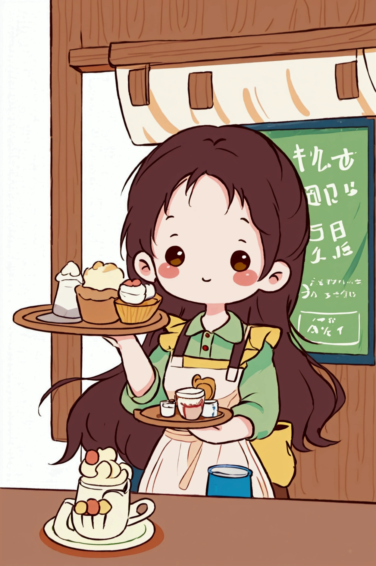  cartoon picture of a cafe named  " miller" There were two girls working there, one of them with short red black hair, brown eyes, wearing yellow and green aprons and sleeves, the left hand holding a tray with tea, the right hand holding a tart holder, while the man was a girl wearing a white dress and wearing a black apron, holding a pencil and a food manual sheet. The shop counter wrote: "miller Cafè"  are open!" The background is a very cute cafe. The picture is drawn in an unusual cute pattern with bright colors and soft light. It evokes a sense of fun and playfulness.