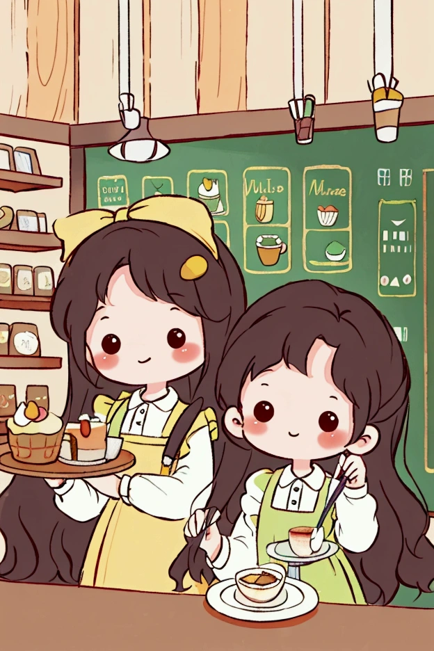  cartoon picture of a cafe named  " miller" There were two girls working there, one of them with short red black hair, brown eyes, wearing yellow and green aprons and sleeves, the left hand holding a tray with tea, the right hand holding a tart holder, while the man was a girl wearing a white dress and wearing a black apron, holding a pencil and a food manual sheet. The shop counter wrote: "miller Cafè"  are open!" The background is a very cute cafe. The picture is drawn in an unusual cute pattern with bright colors and soft light. It evokes a sense of fun and playfulness.