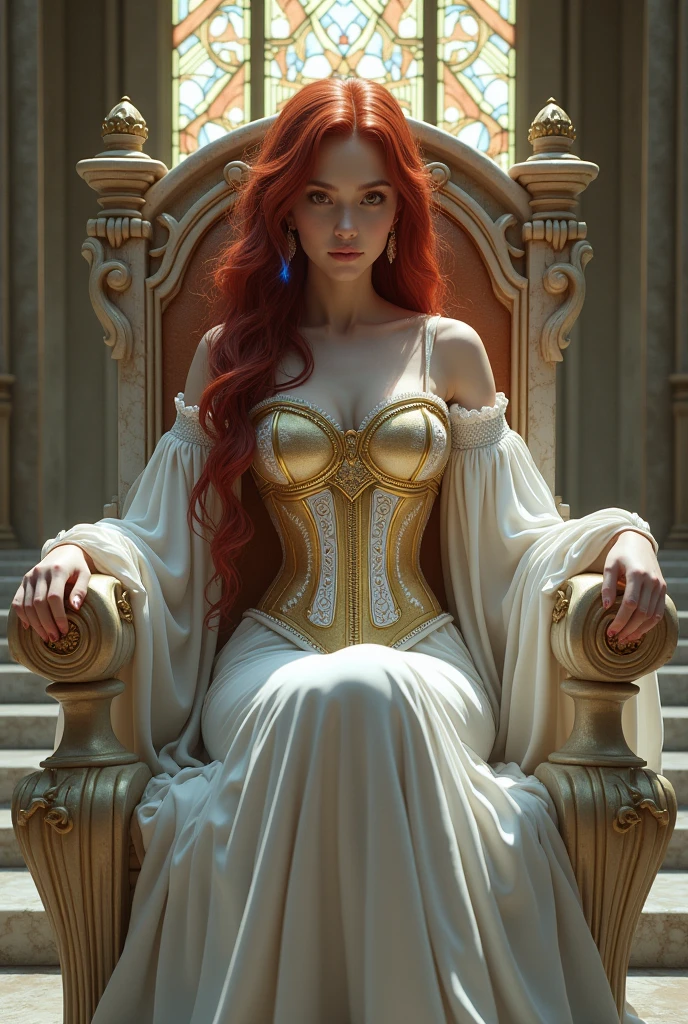 Photorealistic Image of Gorgeous British Woman with Proportional Body, Short Wavy Red Hair, (One Person), (White V-Neck Shirt, White Cloak, and Black Tight Pants), Blue Eyes, Pale Skin, Serious Face, Deep Cleavage, Sitting on a Throne Pose, Castle Altar at Noon, Centered, Waist-up Shot, Shot Taken From Above, Insane Details, Intricate Face Detail, Intricate Hand Details, Cinematic Shot and Lighting, Realistic Colors, Masterpiece, Sharp Focus, Ultra Detailed, Taken with DSLR camera, Realistic Photography, Depth of Field, Incredibly Realistic Environment and Scene, Master Composition and Cinematography