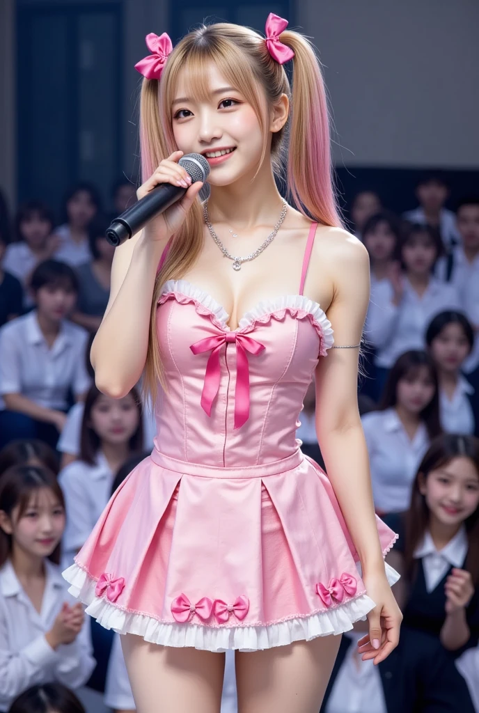 1girl,gal,looking away,(microphone, hold microphone, sing with microphone),(golden,pink hair,two-tone hair),long hair,twintails,Pink bow,Idol Girl,smile,on the stage,detailed background, idol concert, frilled miniskirt, idol costumes,bare shoulders,ribbons,sexy women,healthy shaped body,large breasts,artistic photography,outdoor,Realistic photo,indoors,concert