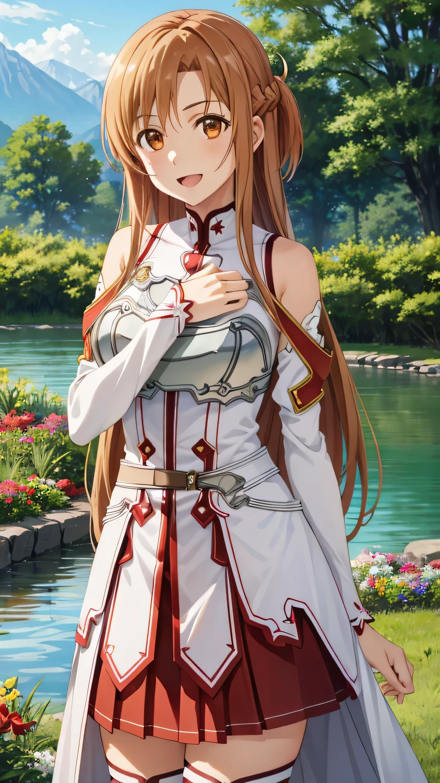 {{{masterpiece}}}, (best quality:1.5), (ultra-detailed:1.5), {illustration}, {{an extremely delicate and beautiful}}, (beautiful detailed eyes:1.6), absurdres, highres, extremely detailed face, 16k, hd, visual anime de uma jovem mulher, extremamente bonito rosto de anime, anime melhor garota, (perfect hands, perfect anatomy), anime face, Yuuki Asuna(sao), aaasuna, 1girl, solo, cute face, long hair, brown hair, braid, crown half up, sidelocks, swept bangs, (brown eyes:1.8), medium breasts, thin waist, big hips, curvaceous, BREAK, bare shoulders, white armor, (breast plate:1.3), white sleeves, detached sleeves, white waistband, (red skirt:1.2), pleated skirt, mini skirt, white loincloth, white thighhighs, thighs, zettai ryouiki, BREAK, cute face, open mouth, smiling, standing on the lake, outdoor, mountain, forest, flower garden, praying, mysterious, (cowboy shot:1.5)