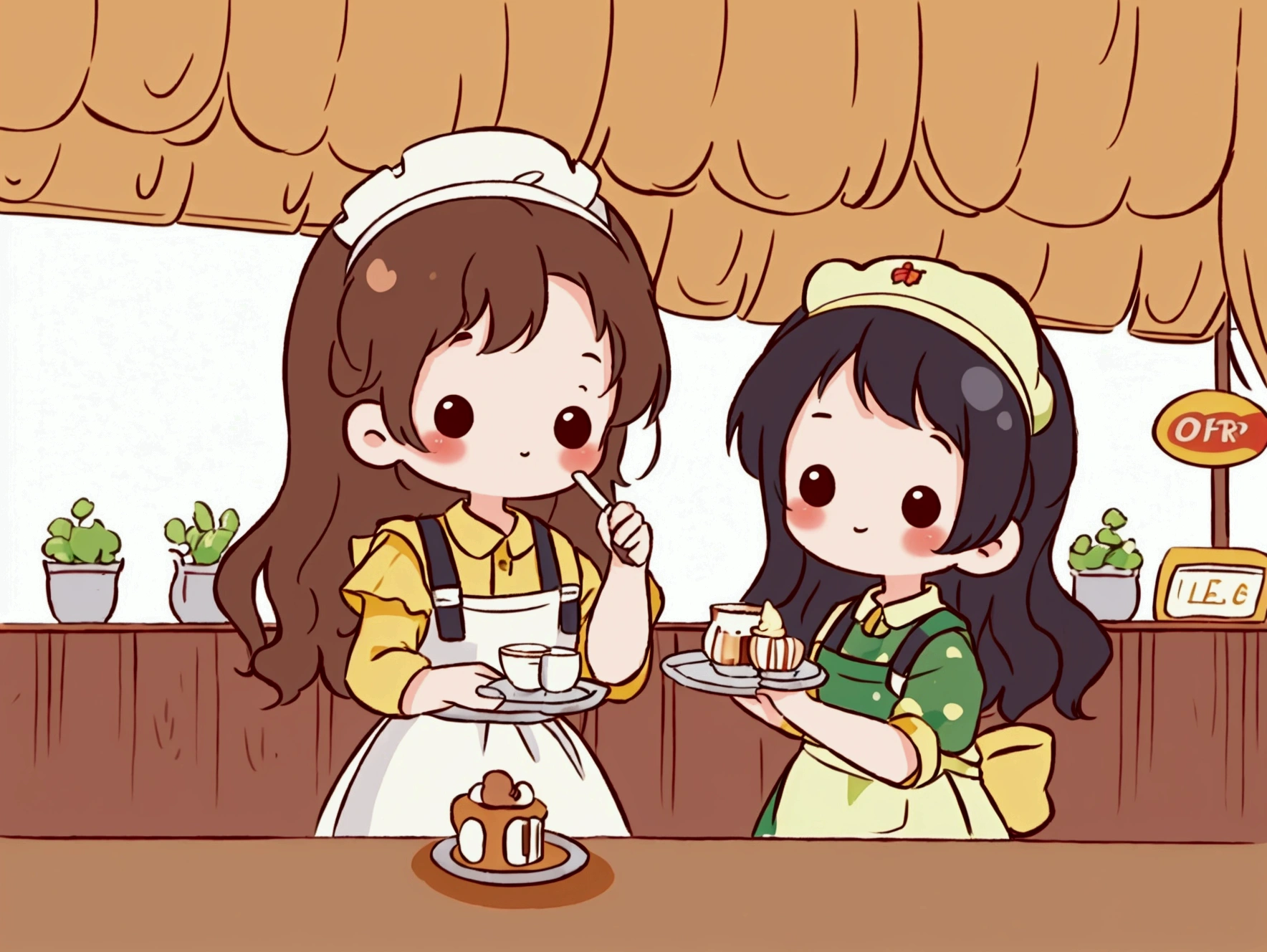  cartoon picture of a cafe named  " miller" There were two girls working there, one of them with short red black hair, brown eyes, wearing yellow and green aprons and sleeves, the left hand holding a tray with tea, the right hand holding a tart holder, while the man was a girl wearing a white dress and wearing a black apron, holding a pencil and a food manual sheet. The shop counter wrote: "miller Cafè"  are open!" The background is a very cute cafe. The picture is drawn in an unusual cute pattern with bright colors and soft light. It evokes a sense of fun and playfulness.