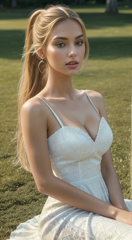Hermosa chica de pechos grandes con cabello blanco pechos grandes,linda con vestido blanco en el campo de cuerpo completo, hermosa,culona,tetas grandes,

