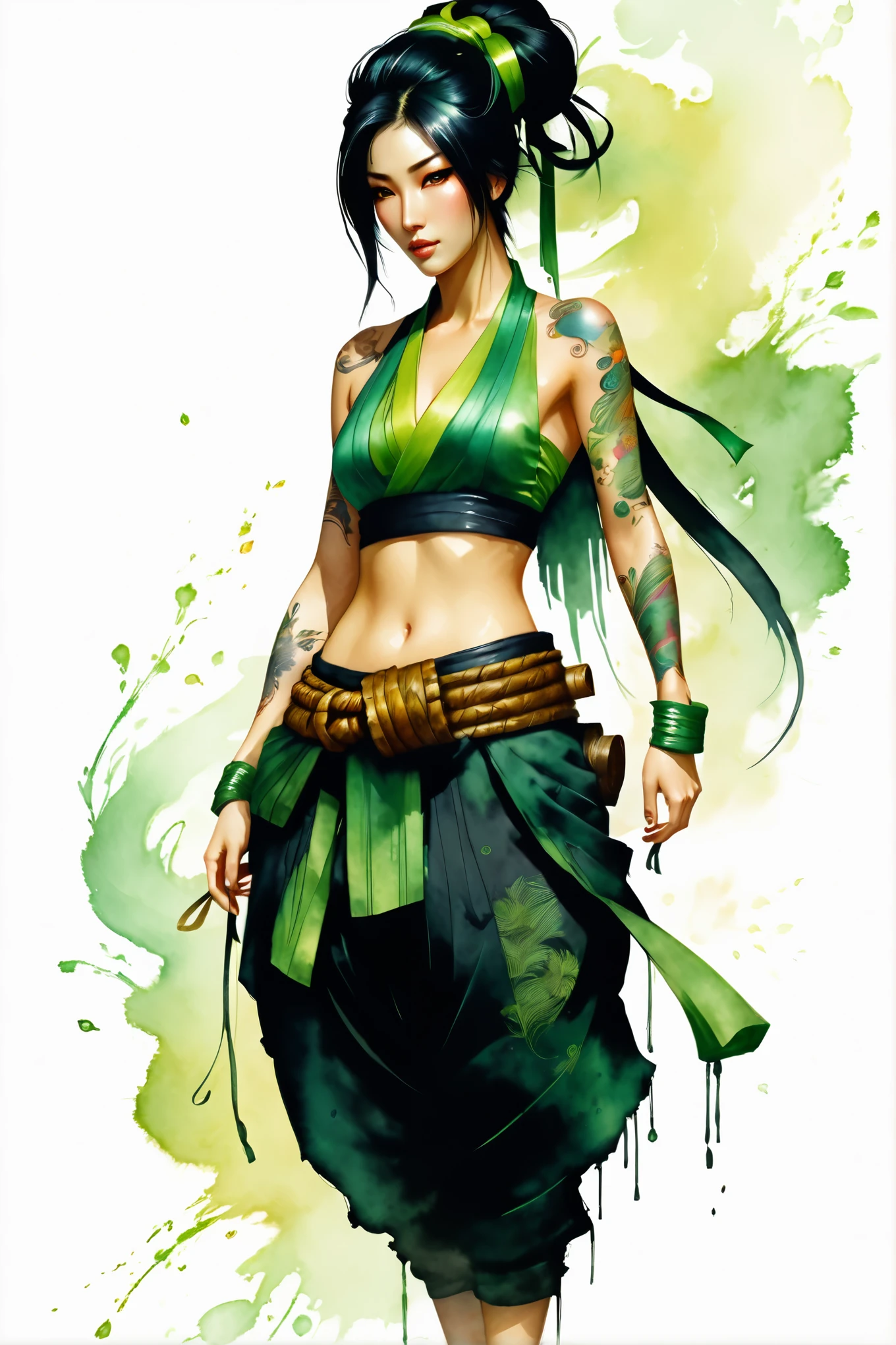 Akali ,a beautiful kunoichi, porcelain skin, beautiful face ,(glaring at camera),, yellow eyes, long black hair, swept bangs, green ribbon, hair ribbon, long ponytail, arm tattoo, tattoo, medium breasts, bare shoulders, green crop top,, Harrison Fisher and Catrin Welz-Stein art style, vivid colors, highly detailed, full body portrait, cinematic lighting, dramatic pose, elegant, graceful, regal, intricate details, masterpiece, photorealistic, 8k, best quality,score_9, score_8_up, score_7_up, score_6_up, score_5_up, score_4_up,(half body image:1.5)