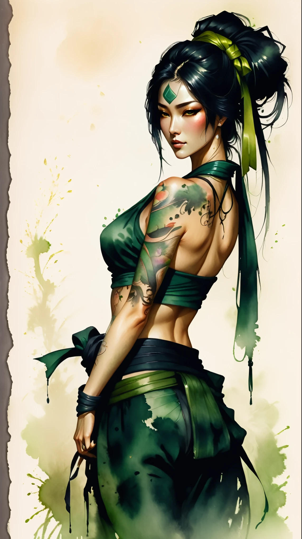 Akali ,a beautiful kunoichi, porcelain skin, beautiful face , yellow eyes, long black hair, swept bangs, green ribbon, hair ribbon, long ponytail, arm tattoo, tattoo, medium breasts, bare shoulders, green crop top,, Harrison Fisher and Catrin Welz-Stein art style, vivid colors, highly detailed, full body portrait, cinematic lighting, dramatic pose, elegant, graceful, regal, intricate details, masterpiece, photorealistic, 8k, best quality,score_9, score_8_up, score_7_up, score_6_up, score_5_up, score_4_up,