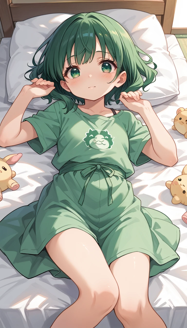 An anime girl lies on the bed with green hair and green eyes,  cute girl anime visual,   Anime Moe Art Style  , 4K Manga Wallpaper, Green clothes,  top rated on pixiv,  Best Anime 4K Conachan Wallpaper , Anime Wallpaper, On my bed, get up