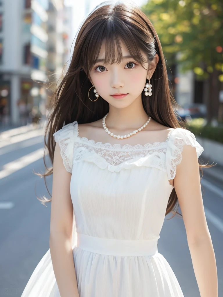  1 girl, Long Hair, bangs, Brown Hair,  Had,  colorful hair, Disheveled Hair, Thready hairstyle/hair,  Expressive Hair ,  Famous Japanese Idol , ****,  Elegant and Neat Girl , Very adorable girl,  Well-Dropped Eyebrows , Big Saggy Eyes ,  moist eyes, Light-pigmented eyes, Fair, beautiful skin,  Pure White Dress without Sleeves ,  Gorgeous Dress with Frills,  pearl necklace ,  pearl earrings ,  Tiara with Jewels ,  White Lace Elbow Gloves ,  armlet,  high definition, masterpiece, accurate,  anatomically correct,  Multiple awards , 最 high quality,  high definition model,  High Details ,  high quality,  RETINA,  textured skin,  very detailed,  Ultra High Definition, 16k, 8k, 