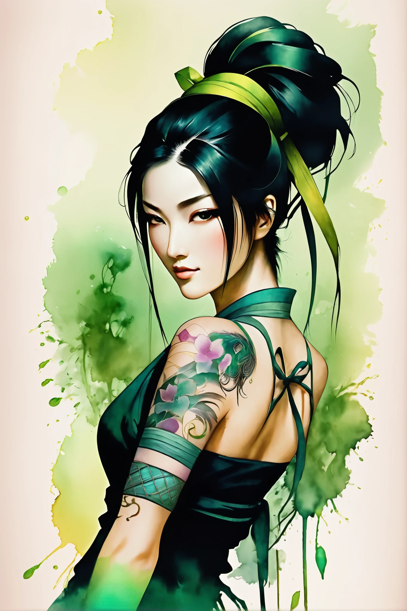 Akali ,a beautiful kunoichi, porcelain skin, beautiful face green mouth mask, yellow eyes, long black hair, swept bangs, green ribbon, hair ribbon, long ponytail, arm tattoo, tattoo, medium breasts, bare shoulders, green crop top,, Harrison Fisher and Catrin Welz-Stein art style, vivid colors, highly detailed, full body portrait, cinematic lighting, dramatic pose, elegant, graceful, regal, intricate details, masterpiece, photorealistic, 8k, best quality,score_9, score_8_up, score_7_up, score_6_up, score_5_up, score_4_up,