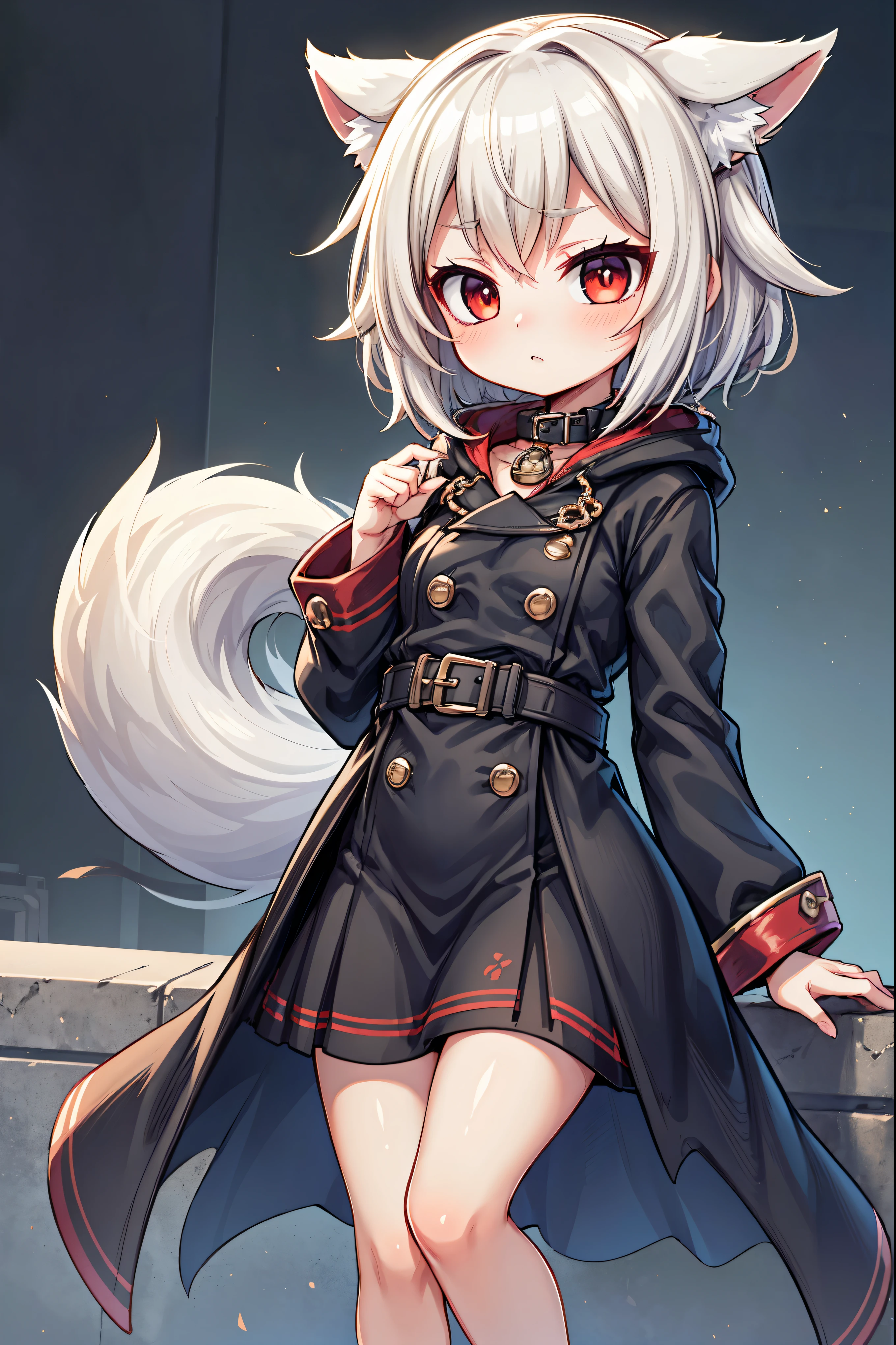  Best Quality, 4K, masterpiece,  girl, mini breasted , red eyes, Gray Hair,  short - medium hair , Wolf Girl, Whitetail,   black long coat ,  Black Long Skirt, black belt, Red collar, Black clothes