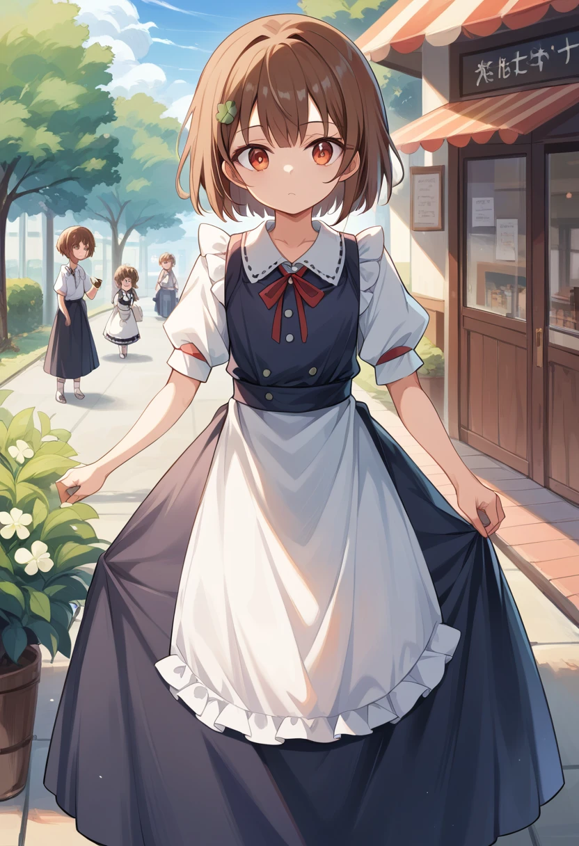 ( surreal), (8k), ( very detailed), (  Best Illustration  ), Cafe。 maid clothes。.Flat chest。。 short hair。Brown Hair。 large red ribbon barrette。Four-leaf clover on clothes 。adult。In front of Kanekusai 。 LONG SKIRT 