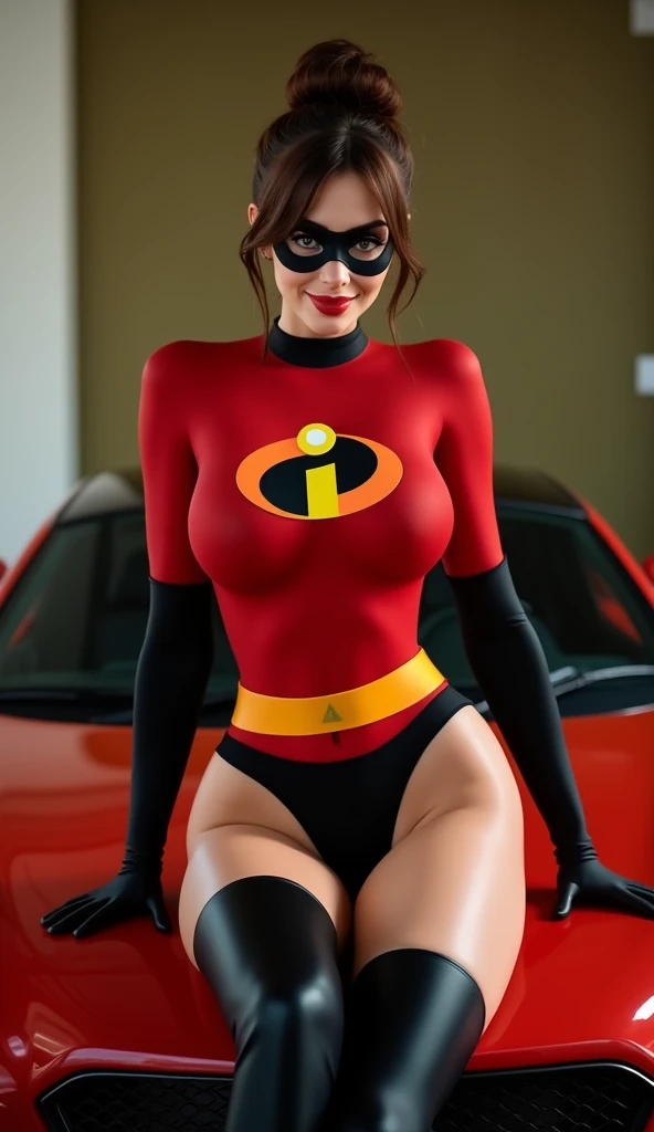 masterpiece, best quality, outdoors, lens flare, depth of field, 1girl, solo, looking at viewer, breasts, helenparr, domino mask, mask, busty breasts, exotic expression, fully nude, exotic pose, showing behind, cartoon