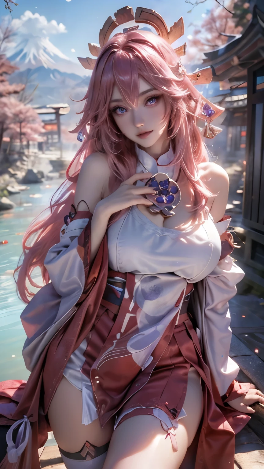 Ahri league of legends, ahri spiritual blossom, fully body, happy look, kimono, perfectbody, face detailed, high resolution, super detaill, 8k, Overview, with Japanese cherry trees