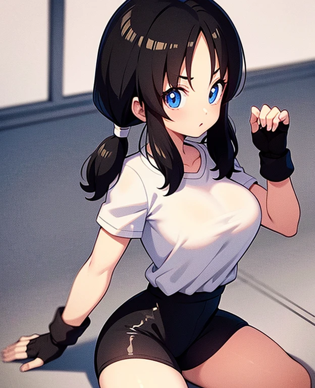  Videl, white v cut shirt, black shorts, black hair, pigtails, large breasts, small waist, fingerless gloves, blue eyes