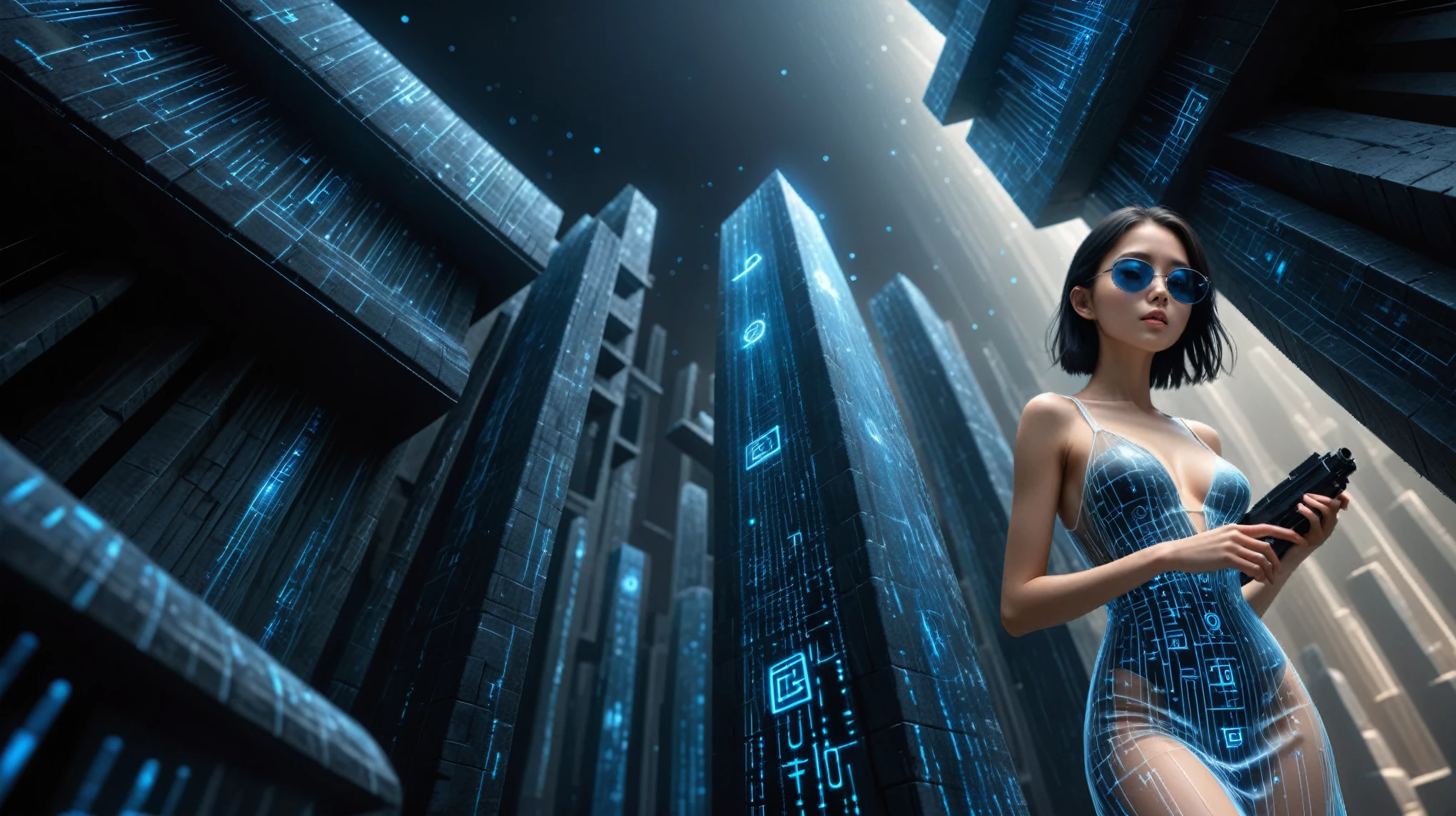 (Wide and low angle view). Ryoji Ikeda Style, High quality 3d background in matrix style, a simple outlined transparent maze mysterious city with a giant clock-like sci-fi glowing time travelling machine, all-glass galaxy-print cylinder pillars. Everything is entirely made out of streams of matrix code, miniscule luminating bright blue Japanese katakana symbols, single digit numbers and special characters like colons and dashes, epic royal background, symmetrical, Greg Rutkowski, Charlie Bowater, Beeple, Unreal 5, hyper realistic, dynamic lighting, fantasy art. A woman, (wearing a transparent:0.8 ivory flowing stunning sleeveless sling backless deep-v one-piece short:0.1 loose princess dress), in dark background. (1girl, solo, alone), photorealistic, large-breast:1.4 slim:0.5 body, (detailed oval:0.4 face, strong light on face), side boob, cleavage:1.1, white laced G-string micro panty, (black micro sunglasses), (((aiming the viewer with a short:0.5 gun))), (looking at camera), dynamic hip-up running pose, ((half-body thigh level close-up:1.9 shot)) in the foreground, cinematic lighting, ray tracing, dark background.