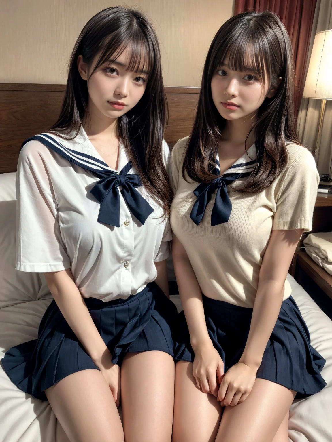 masterpiece, best quality, illustration, Super detailed, fine details, High resolution, 8K,wall paper, perfect dynamic composition,(Details High quality, realistic depiction of eyes:1.3), (3 girls), Black Sailor Uniform, serafuku, Navy pleated skirt, sitting, open legs, short bob hair, in a hotel room in the background, deep on field, large breasts, black hair color, Big Natural Color Lip, (perfect body shape), crying a little、Harajuku style、20 year old girl、cute type、beautiful legs, Gravure Idol